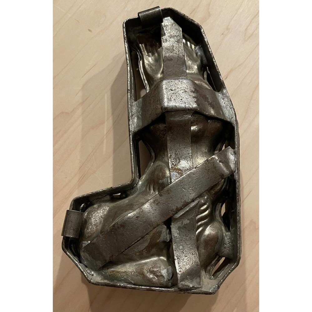 Antique Chocolate Candy Mold Rabbit Hinged Metal Large Easter Bunny 9 1/2” Tall